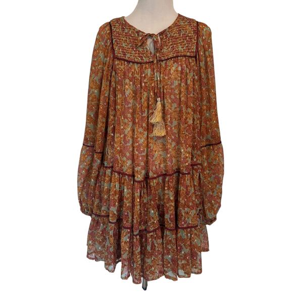 Free People Swinging Peasant Dress Womens XS Mustard Metallic Smocked Tassels - Picture 2 of 12